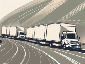 A fleet of delivery trucks speeding along a highway