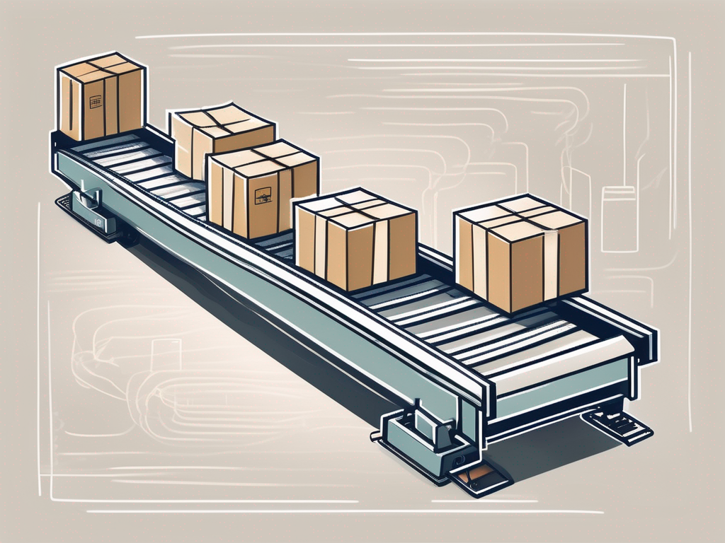 A conveyor belt with various packages moving along it